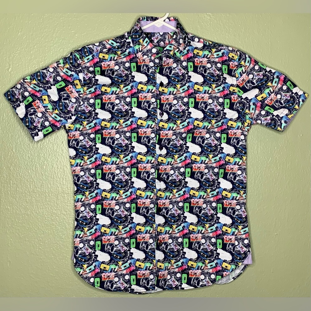 Luchiano Visconti Black Mens Size S Colorful Cassettes Themed Short Sleeve Shirt
